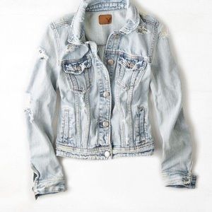 Distressed light wash denim jacket